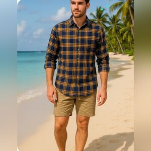 Tommy Bahama L/S Shirt Blue Plaid Men's L Island Crafted Cotton Button Down